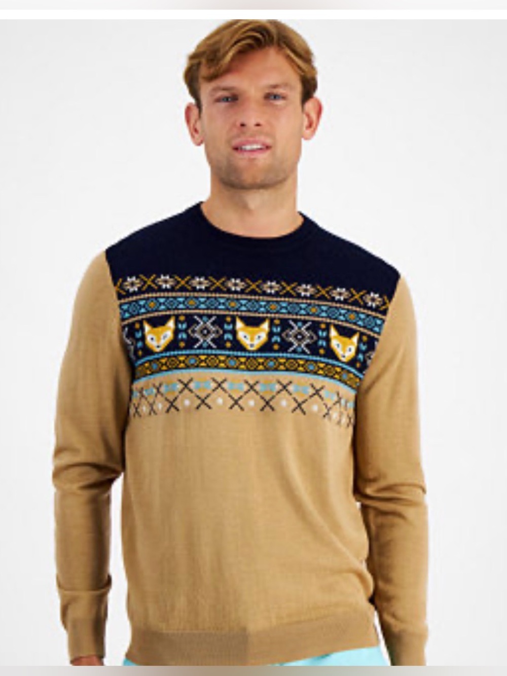 Club Room Men's Medium Fair Isle Fox-Pattern Merino Crewneck. Camel Navy. EUC